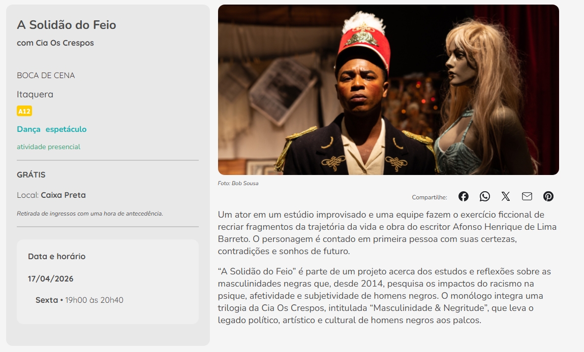 Foto de Peça de teatro "A solidão do feio", no SESC Itaquera