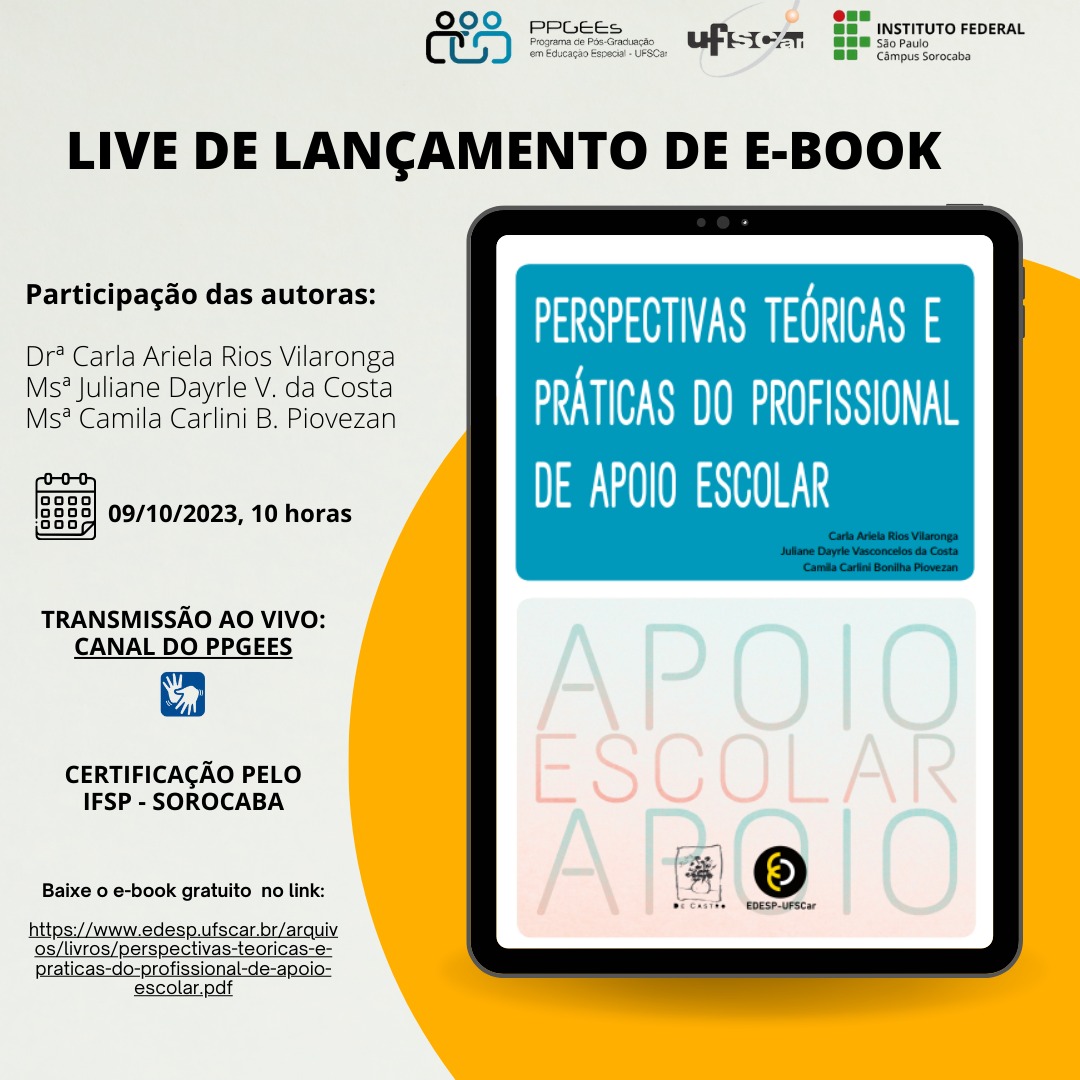 Foto de Divulgação de live de lançamento de e-book Perspectivas teóricas e práticas do profissional de apoio escolar