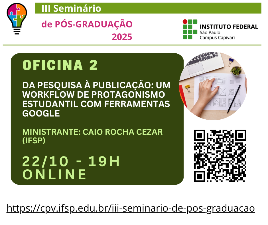 Foto de III Seminário de Pós-Graduação do IFSP Capivari - Oficina Da Pesquisa à Publicação: Um Workflow de Protagonismo Estudantil com Ferramentas Google