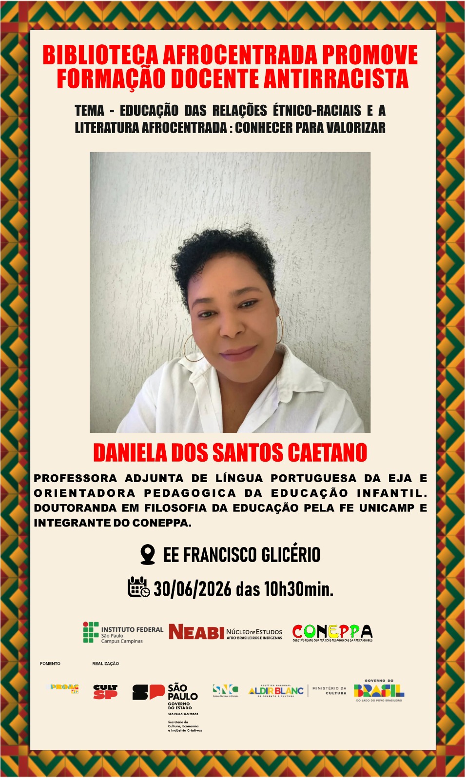 Foto de Palestra: Educação das relações étnico -raciais e a Literatura Afrocentrada: conhecer para valorizar.